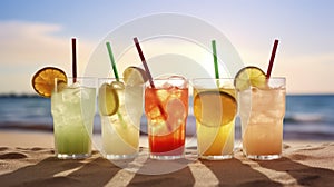 Seaside Refreshments - Exotic summer drinks, blur sandy beach on background. Generative AI