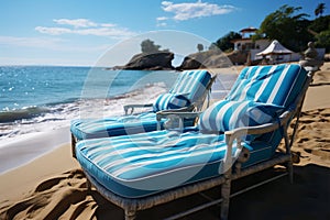 Seaside relaxation Chaise lounges invite beachgoers to unwind by the tranquil waves