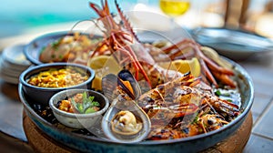 At a seaside restaurant the food critics are served a seafood platter featuring a variety of shellfish grilled to photo