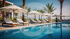 Seaside Retreat Luxurious Swimming Pool and Loungers with Umbrellas, Framed by Palm Trees and Blue Sky near the Beach. created