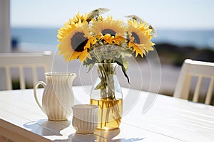 Seaside Serenity, Sunflower Vase Gracing a White Table