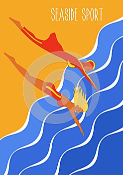 Seaside sport illustration in art deco style. Swimwear and burkini. Illustration of european and Muslim swimsuits