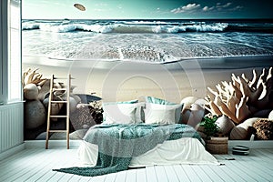 Seaside style bedroom with painting. White walls. A large bed. Sea in the background. Real estate. Renovation company. Home improv photo