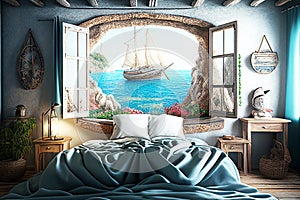 Seaside style bedroom with painting. White walls. A large bed. Sea in the background. Real estate. Renovation company. Home improv