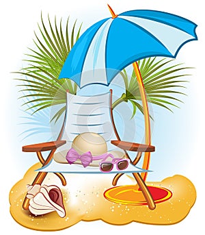 Beach Chair, Umbrella and Sunglasses