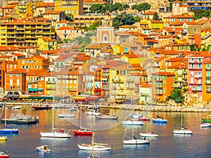 Seaside town on the French Riviera. Landscape of the Cote d`Azur, Villefranche-sur-Mer, France