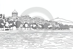 Seaside Town Line Drawing A simple line drawing depicting a coastal town with buildings trees and a calm sea Perfect for photo