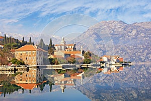 Seaside town of Prcanj in winter. Bay of Kotor Adriatic Sea, Montenegro