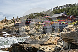 Seaside view on Haedong Yonggungsa Temple with many lanterns to celebrate buddhas birthday. Located in Gijang-gun, Busan, South