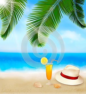 Seaside view with palm leaves, coctail, shells