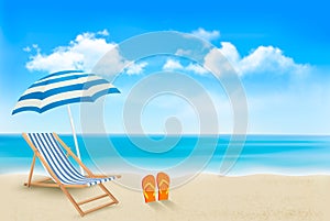 Seaside view with an umbrella, beach chair photo