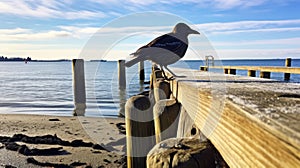 Seaside Vistas: A Stunning Photo Of A Crow On An Old Pier