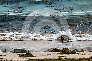 Seaside and waves, beach with sand, water, shell