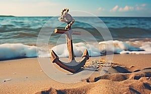 Seaside Wooden Anchor with Rope on Sandy Shore. Generative AI