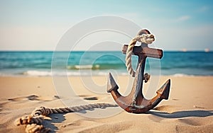 Seaside Wooden Anchor with Rope on Sandy Shore. Generative AI