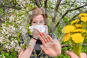 Season allergy to flowering plants pollen. Young woman with paper handkerchief covering her nose in garden and doing stop sign to