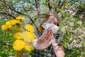 Season allergy to flowering plants pollen. Young woman with paper handkerchief covering her nose in garden and doing stop sign to