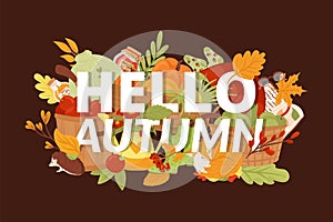 Season background banner, hello autumn card vector illustration. Fall orange leaf, october nature design and seasonal