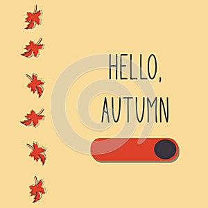 Season banner template in concise style, with button, fallen leaves and text Hello autumn.