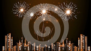 Season Celebrate Happy new year -  Fireworks  - Building in the city- background Vector illustration
