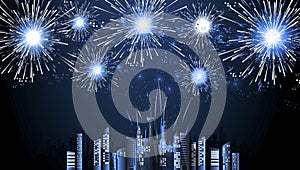 Season Celebrate Happy new year -  Fireworks  - Building in the city- background Vector illustration