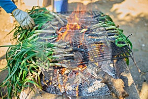 Season of delicious charcoal grilled calsots