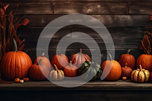 season fall wooden halloween pumpkin orange autumn garden background wood leaf. Generative AI.