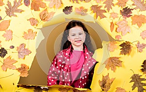 Season forecast. kid in autumn leaves. little girl in trendy raincoat. autumn beauty. Happy childhood. little girl in