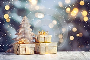 Season of Giving: Golden Christmas Decor with Bokeh. Generative AI