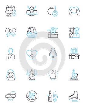 Season of giving linear icons set. Generosity, Charity, Kindness, Compassion, Selflessness, Love, Gratitude line vector