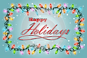 Season Greeting Happy Holidays with light and blue background -