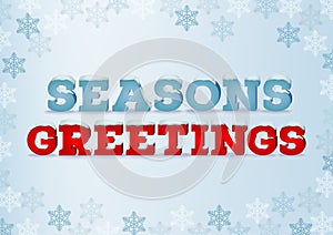 Season greeting inscription in 3d style on blue background with snowflakes. Winter phrase with snow cap text effect.