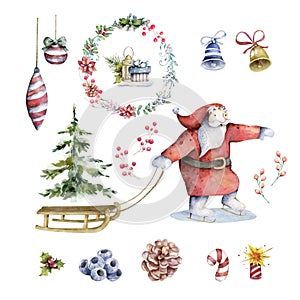 Hand drawn scandinavian watercolor illustrations 2021 set of Christmas Santa with sleigh, joy, tree, cute little Gnomes isolated.