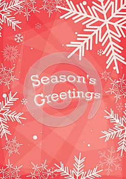 season greetings. Red a4 christmas banner with beautiful white snowflakes - vector background