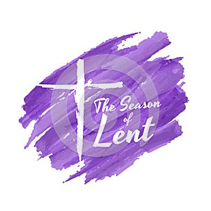 The season of lent banner with white crucifix on purple background Paint brush style vector design