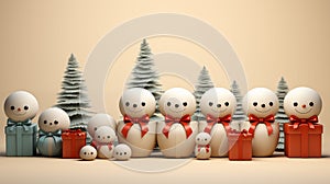 Season\'s greeting with snowman pine trees and gifts box.