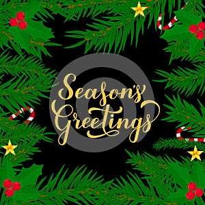 SeasonÃ¢â¬â¢s Greetings calligraphy hand lettering with fir tree branches. Merry Christmas and Happy New Year typography poster. Easy