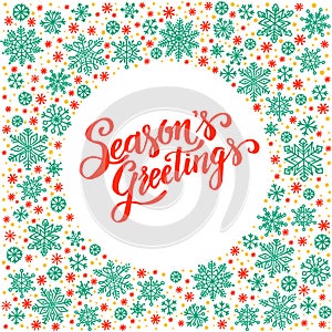 Season`s Greetings, christmas background with snowflake frame, vector illustration