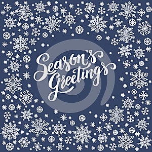 Season`s Greetings, christmas background with snowflake frame, winter wreath, template for greeting card