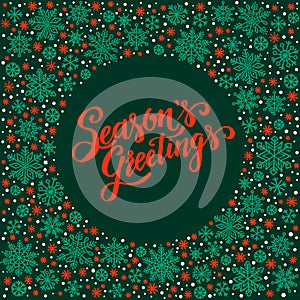 Season`s Greetings, christmas background with snowflake frame, winter wreath, vector illustration