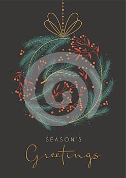 Season`s greetings Christmas card with abstract spruce ball decoration