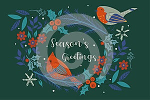 Season`s greetings . Christmas wreath and birds. Vector graphics