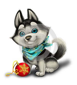 Season`s Greetings with Cute Husky Puppy Playing with Toys - Merry Christmas and Happy New Year - Hand-Drawn Cartoon Character