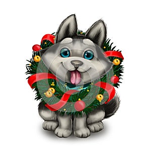 Season`s Greetings with Cute Husky Puppy Wearing Holiday Wreath - Merry Christmas, Happy New Year - Hand-Drawn Cartoon Character