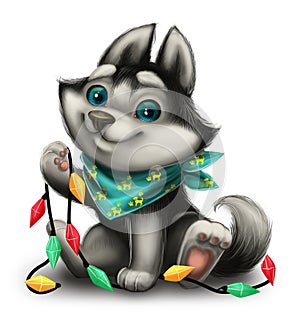 Season`s Greetings with Husky Puppy and Holiday Toys - Merry Christmas and Happy New Year - Hand-Drawn Cartoon Character