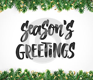 Season`s greetings text, hand drawn brush lettering. Holiday quote on white. Great for Christmas gift tags and