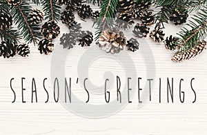 Season`s greetings text on modern christmas flat lay with green