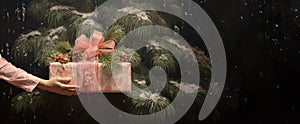 Season& x27;s Greetings: A woman presents a Christmas and New Year& x27;s gift, capturing the spirit of the season. Banner