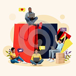 Season sales concept. Happy diverse people sitting next to giant colorful shopping bags, using devices, shopping online