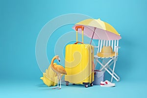 sunglasses yellow background concept travel sun vacation blue suitcase summer flamingo. Generative AI.
